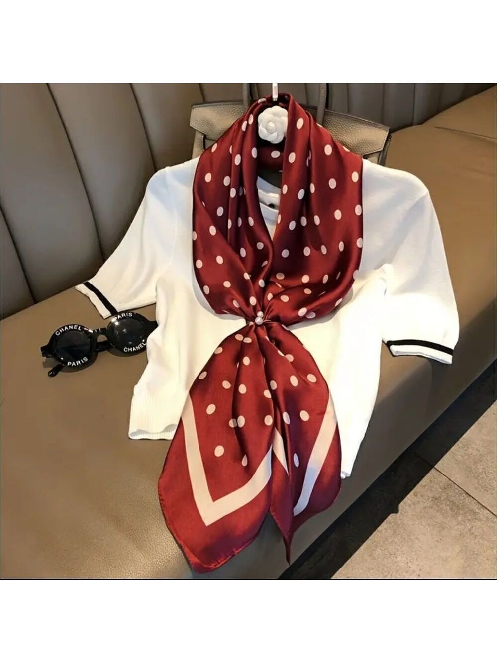 Neck scarf Women Polka Dot Square Scarf Ribbon Scarves Kerchief Red and Pink